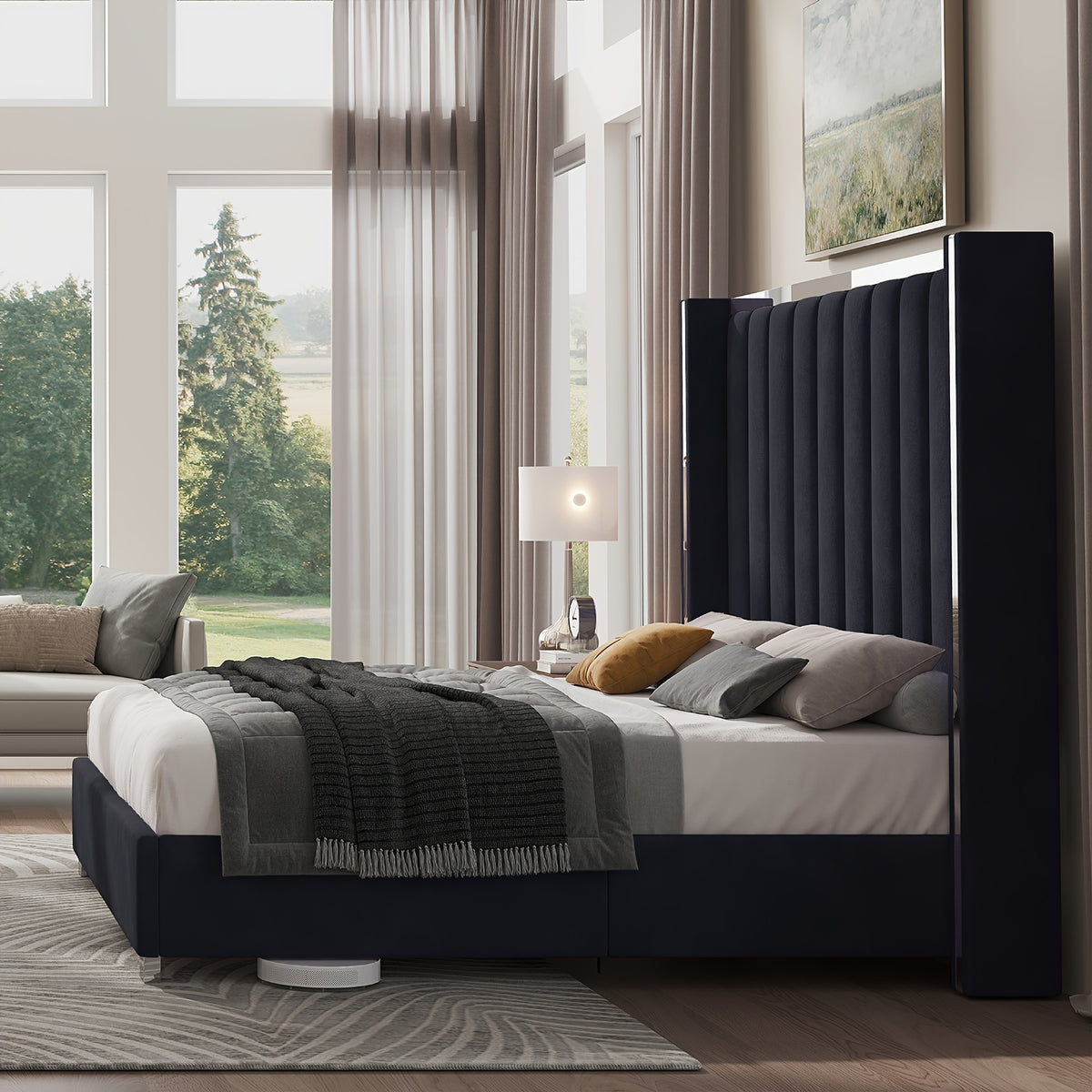 velvet upholstered platform bed 58 tall channel - Temu