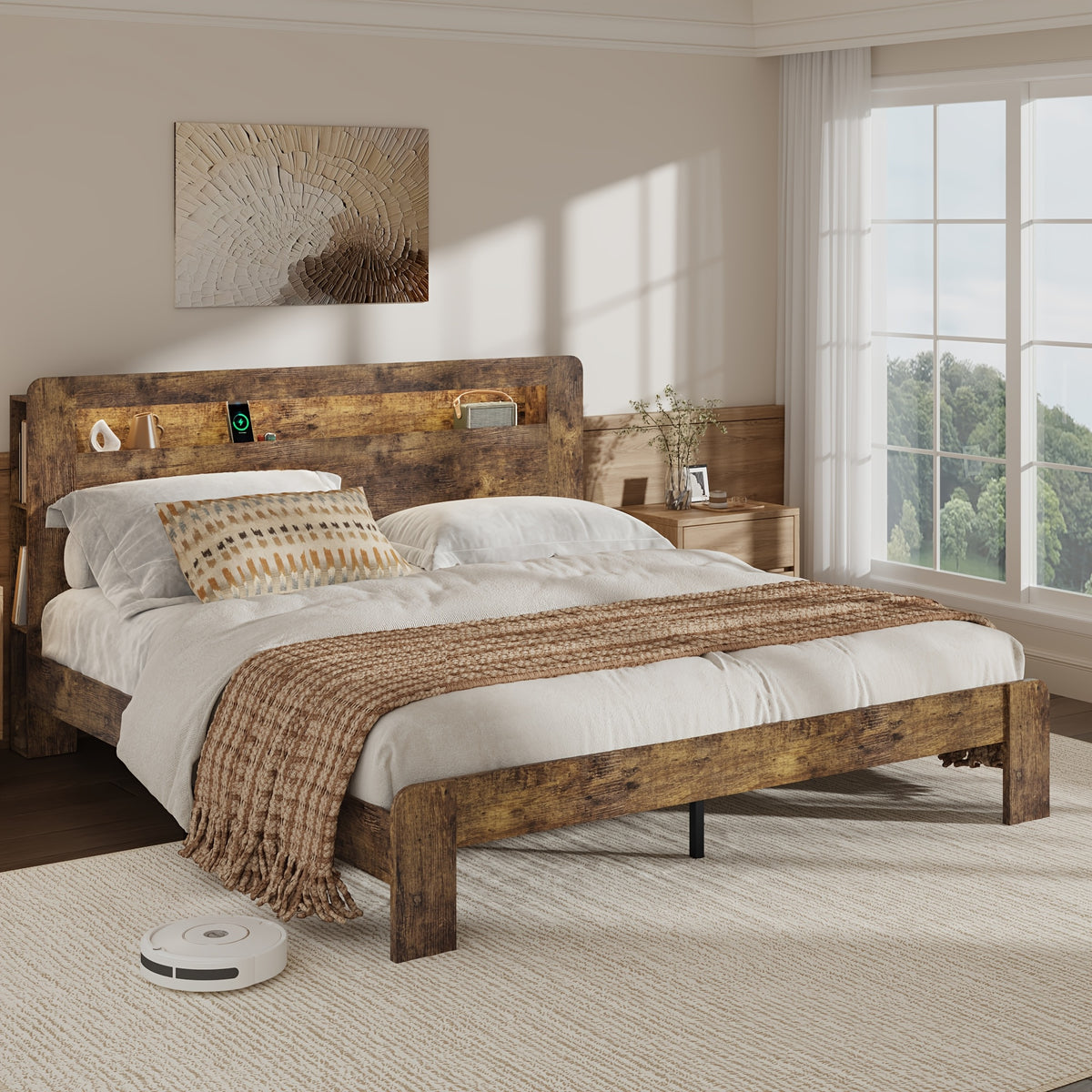 king queen size farmhouse bed frame storage headboard rustic - Temu