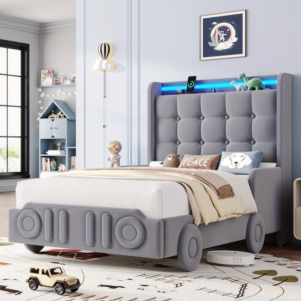 twin full queen upholstered bed frame led lights charging - Temu
