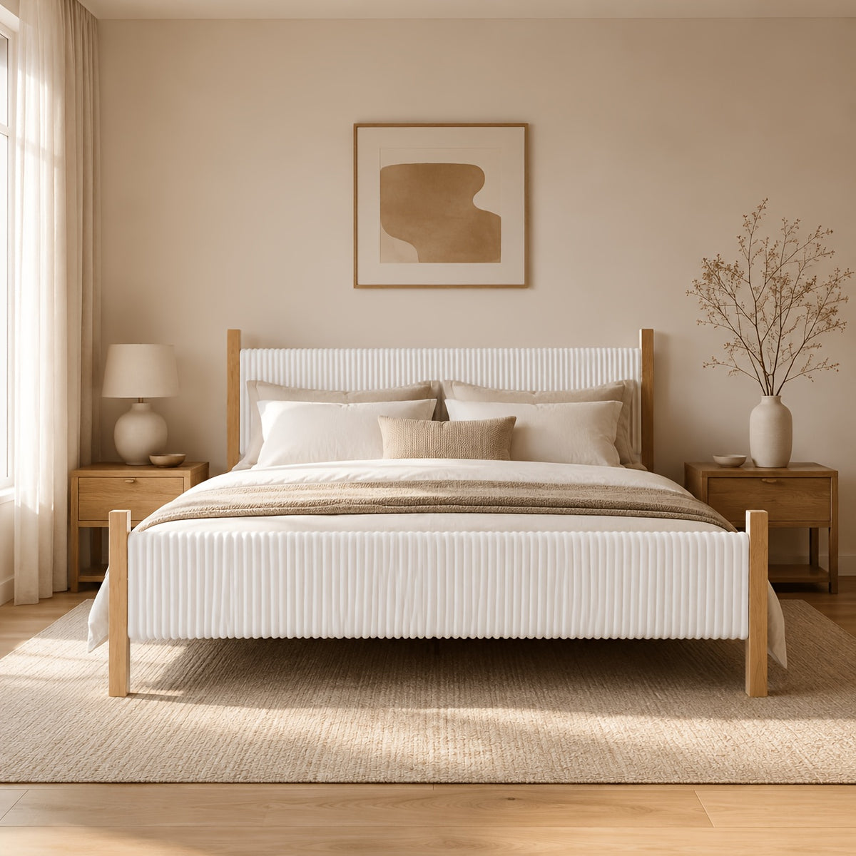 vertical fluted upholstered bed frame natural   - Temu