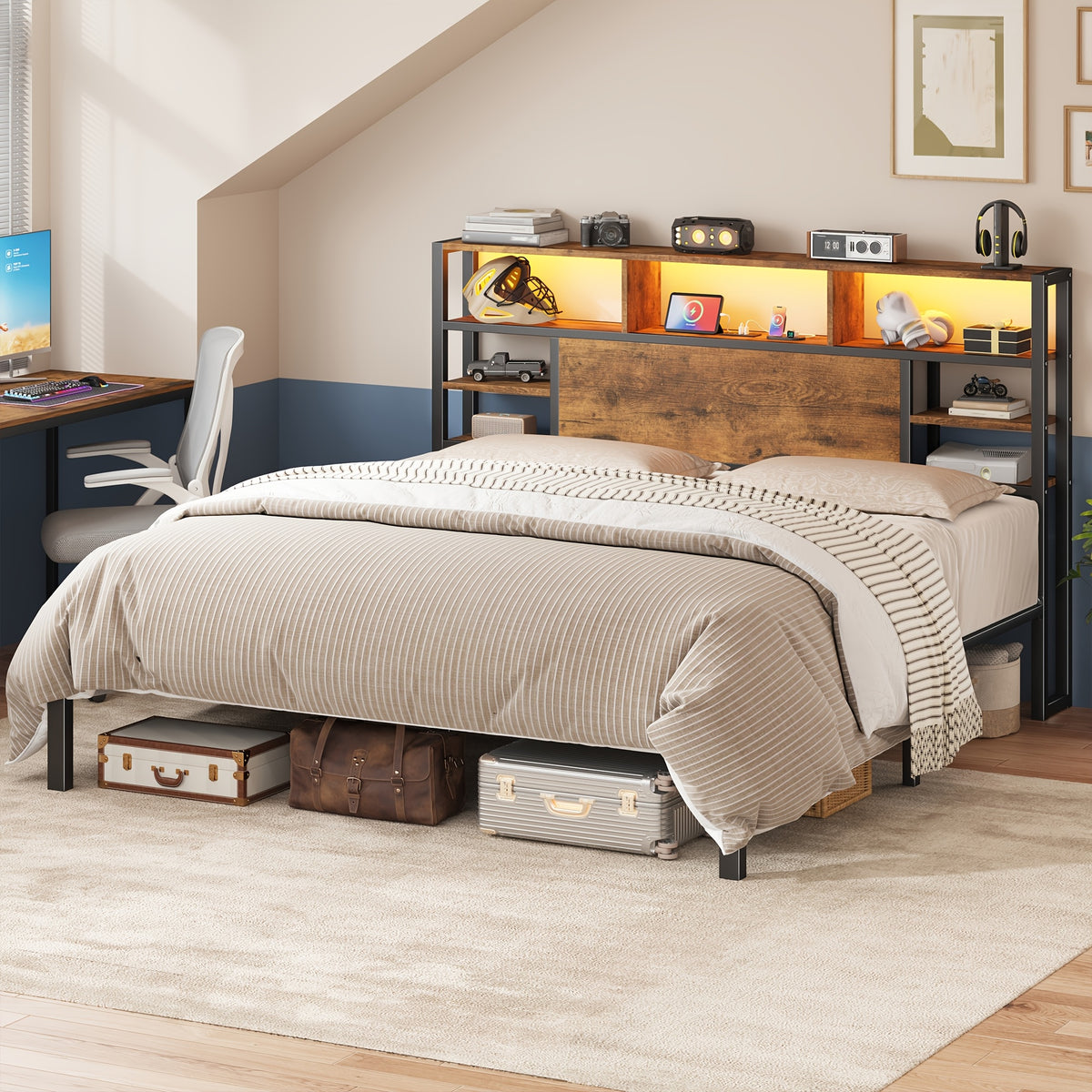 full queen king bed frame storage headboard led lights - Temu