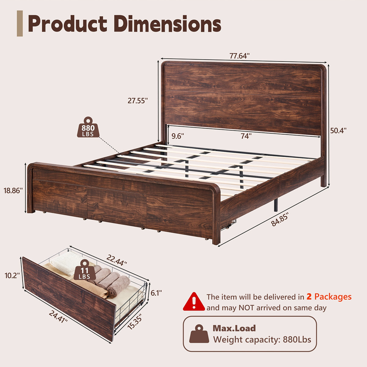 modern king size bed frame 50 tall headboard wood platform - Temu