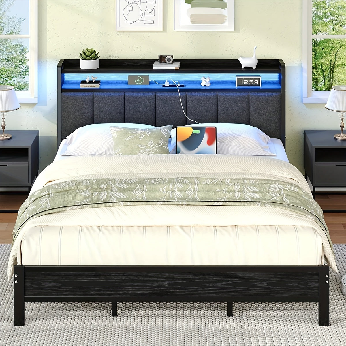 twin full queen king bed frame storage headboard upholstered - Temu