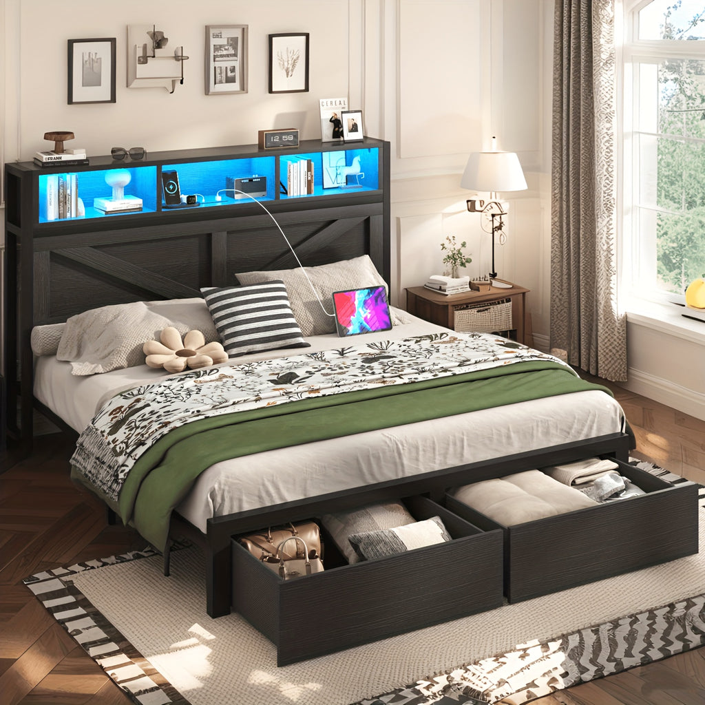 farmhouse bed frame storage headboard drawers led lights - Temu