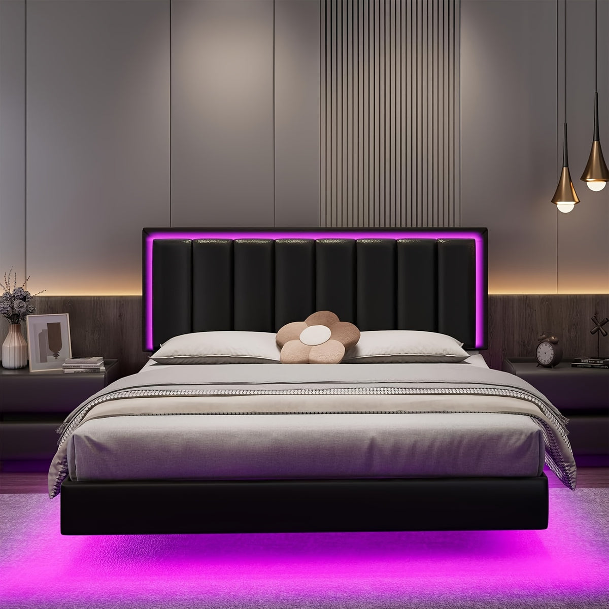 floating bed frame rgb led lights upholstered headboard - Temu