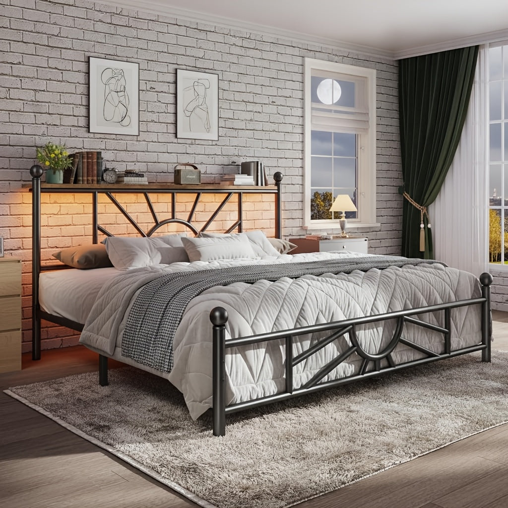 twin full queen king retro metal bed frame led lights - Temu