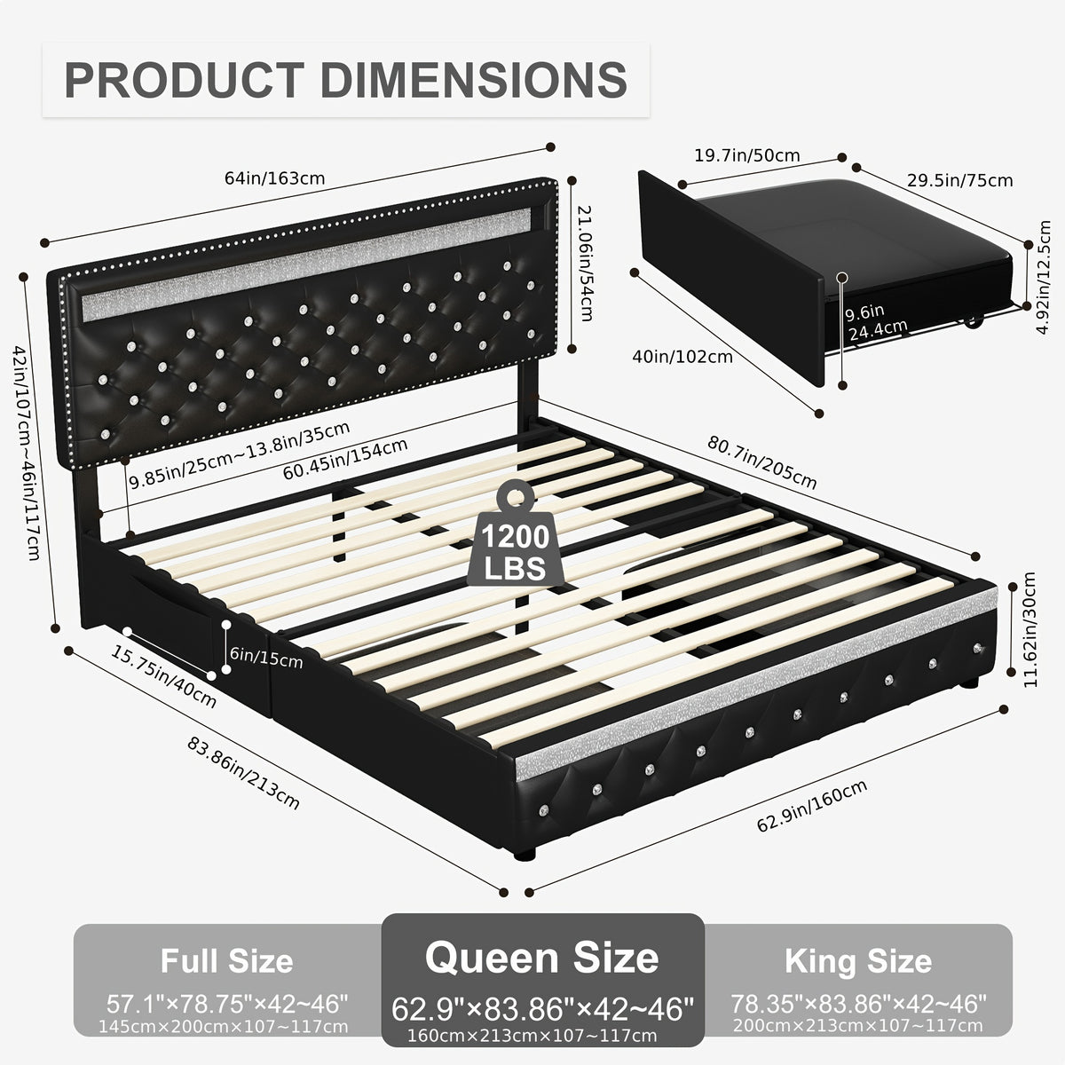 queen led bed frame 2 drawers modern full size pu leather - Temu