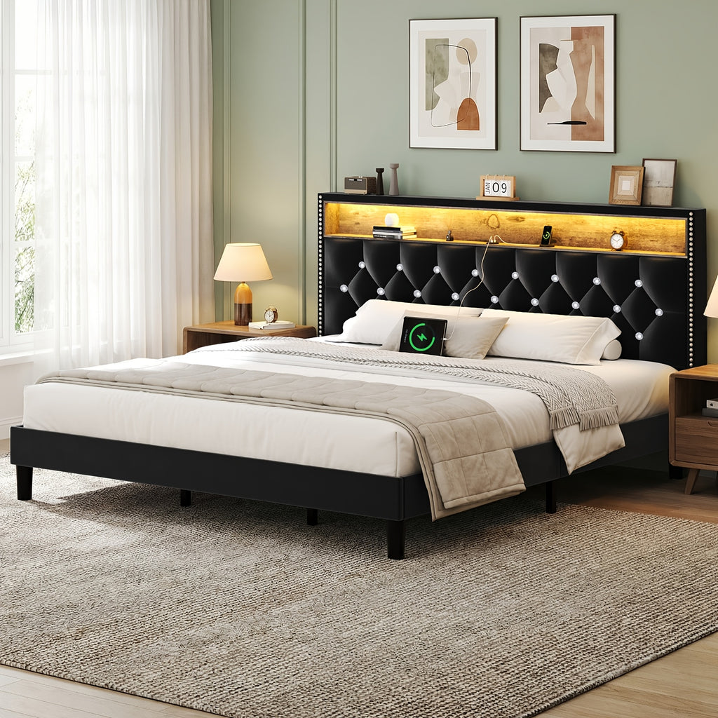 full queen king bed frame led lights velvet - Temu