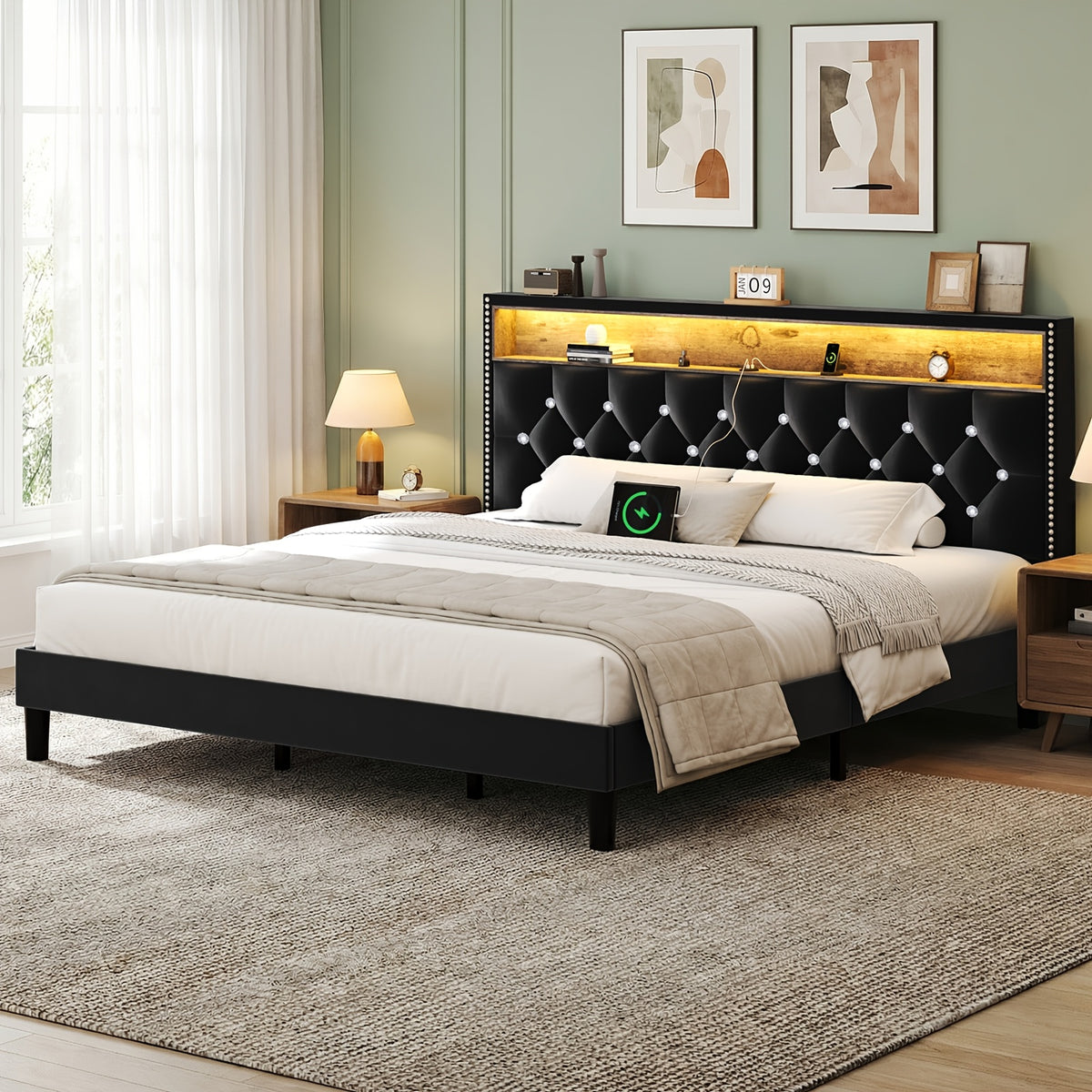 full queen king bed frame led lights velvet - Temu