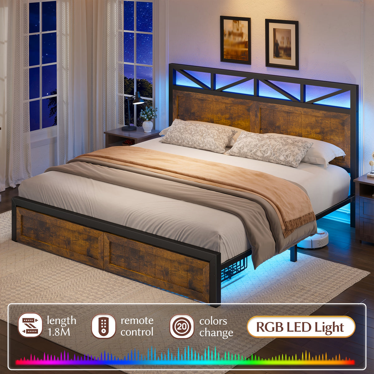 full queen king size bed frame headboard storage 2 drawers - Temu