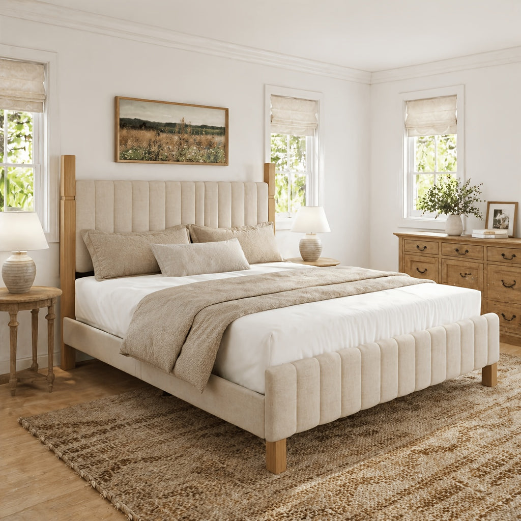 modern solid wood bed frame a vertical striped headboard - Temu