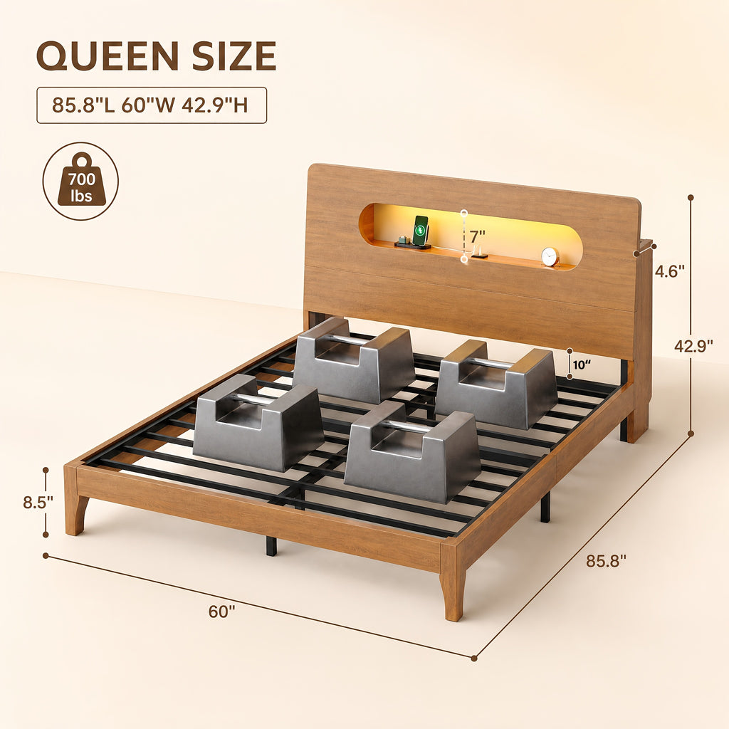 led bed frame usb charging storage shelf solid wood platform - Temu