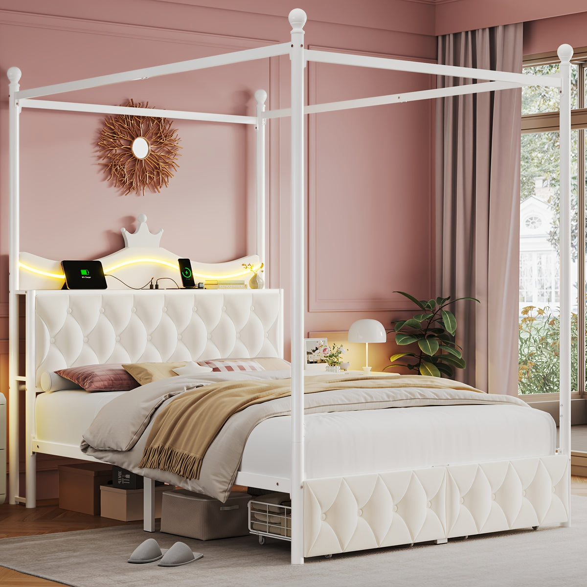 twin full queen size upholstered canopy bed frame led lights - Temu