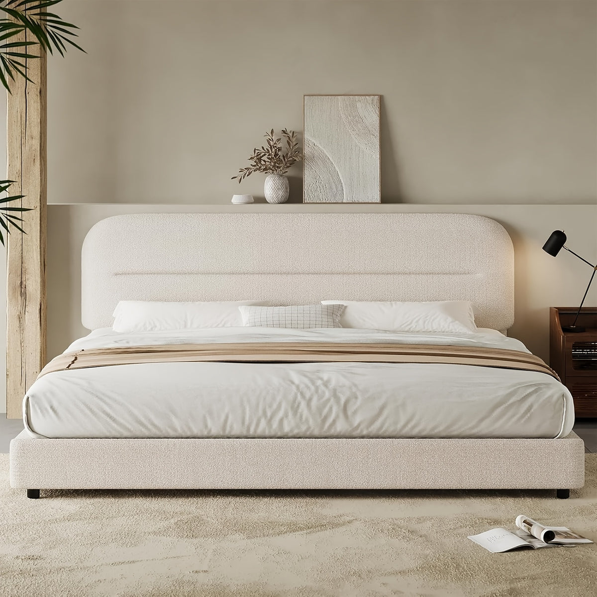 queen bed frame boucle upholstered platform bed frame - Temu