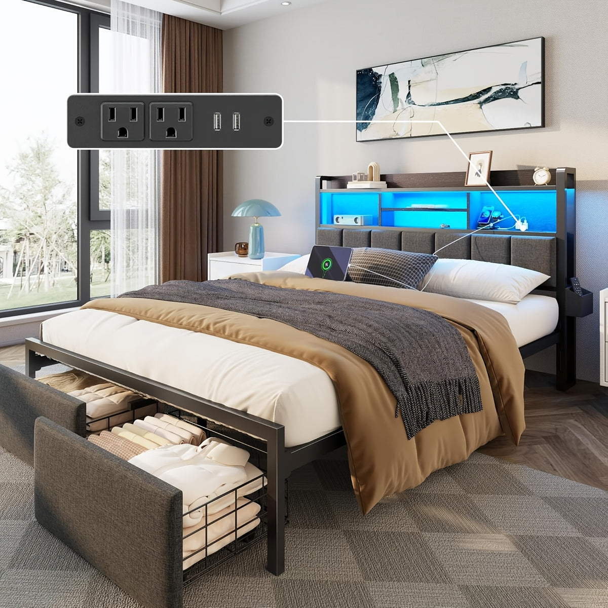full upholstered platform bed storage drawers usb charging - Temu