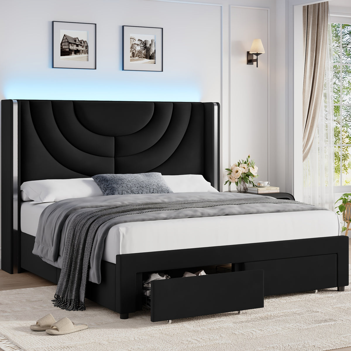 fultru full queen king upholstered led bed frame 2 storage - Temu