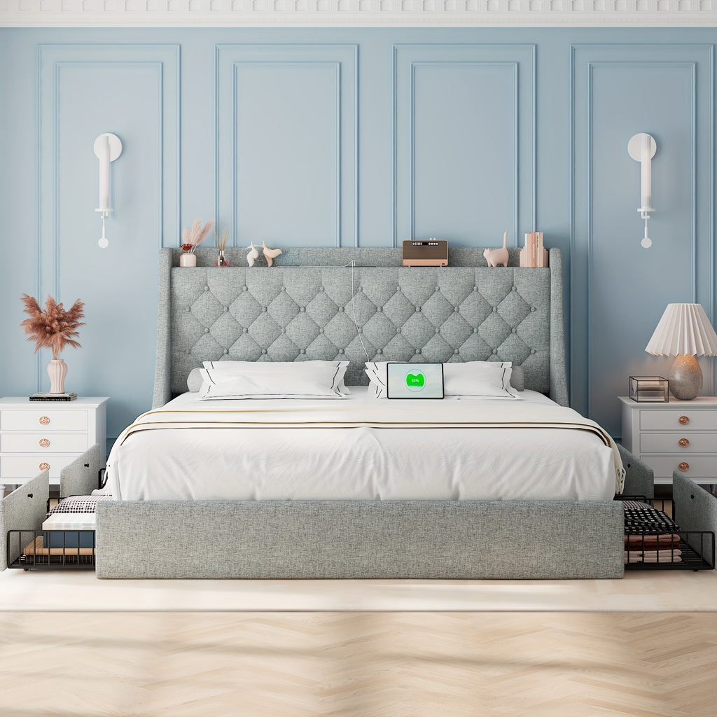 bed frame charging station linen fabric storage headboard - Temu
