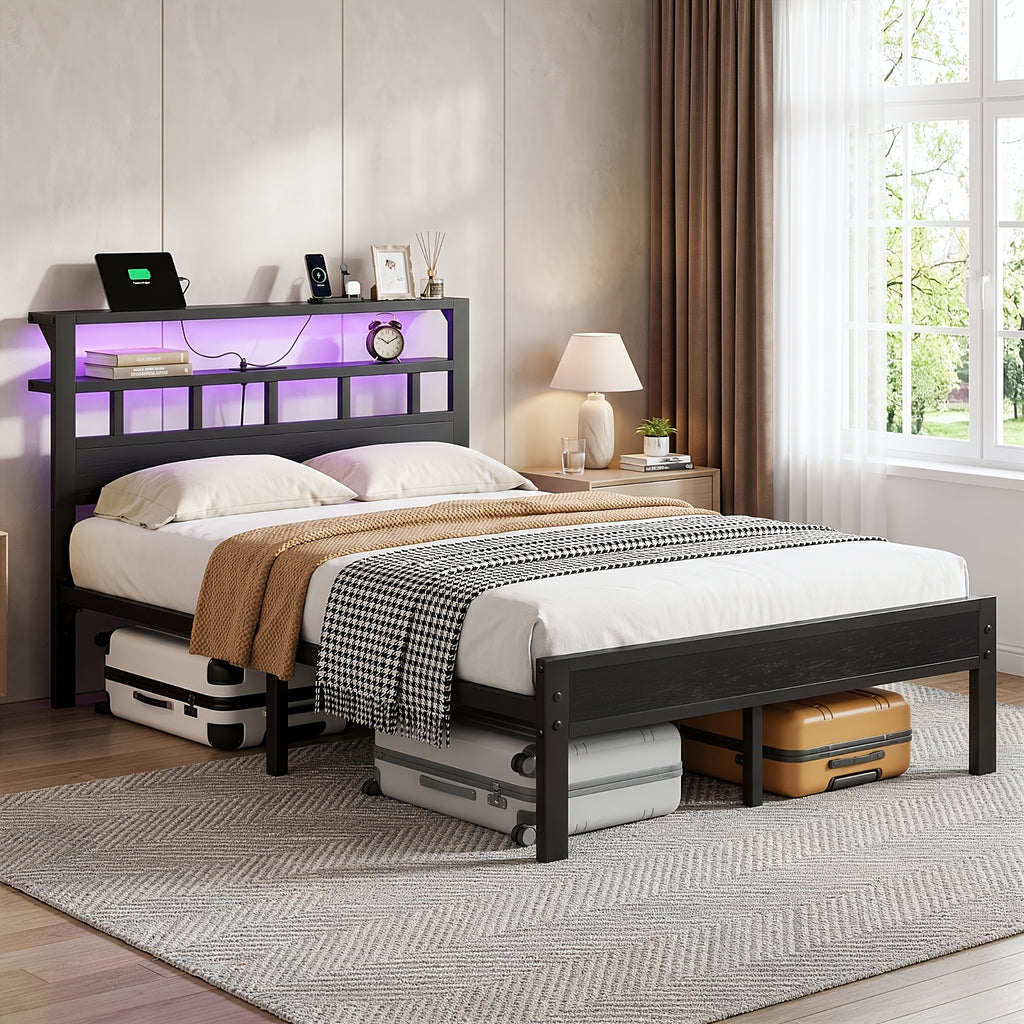 bed frame metal platform bed 2 tier storage led lighting - Temu