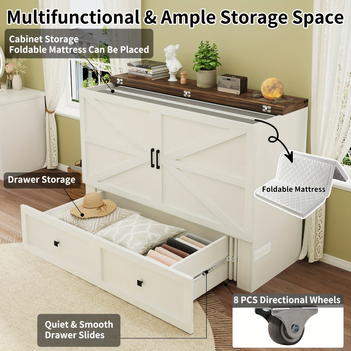 farmhouse murphy bed storage charging station foldable panel - Temu