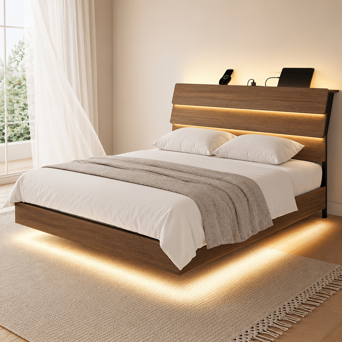 random floating bed frame led lights built in charging - Temu