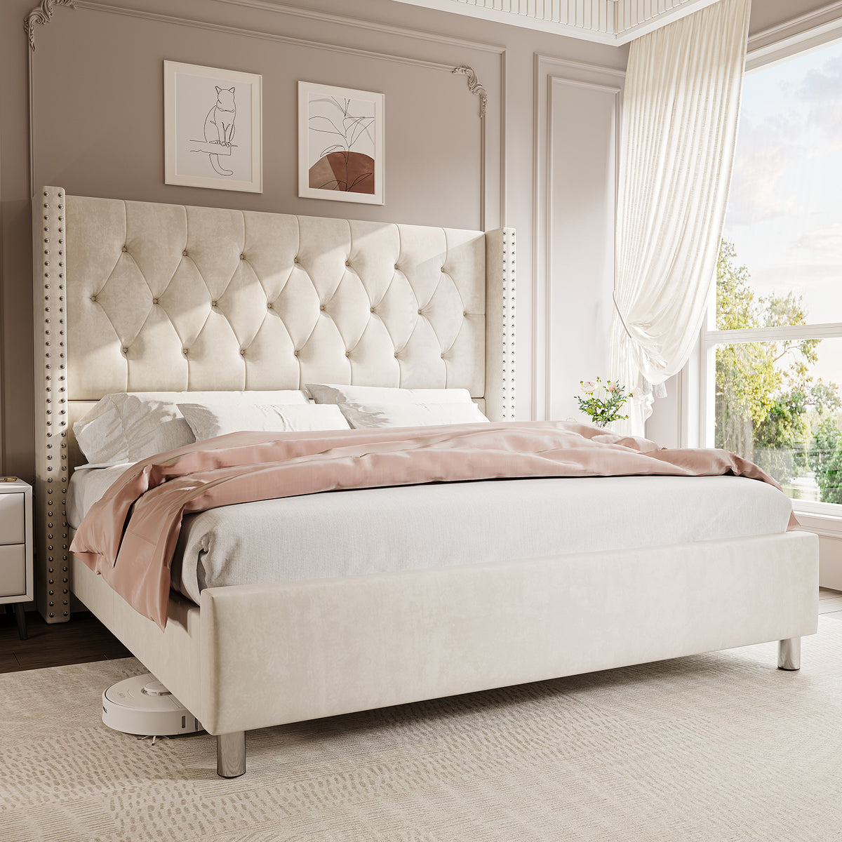 50 wingback bed frame plush beige white - Temu