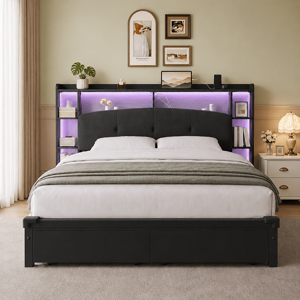 modern bed frame storage headboard 2 fabric drawers rgb led - Temu