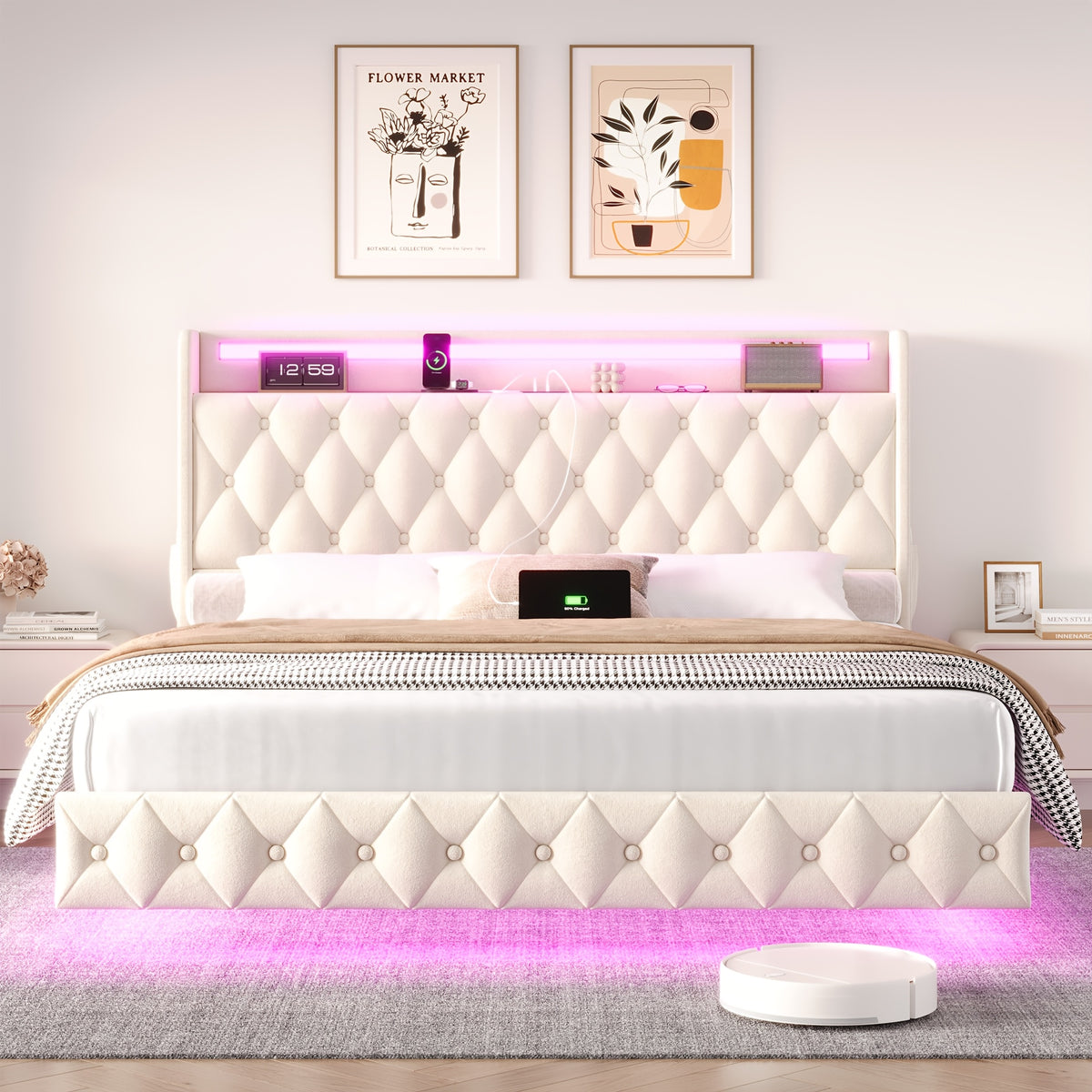full queen size floating bed frame led lights charging - Temu