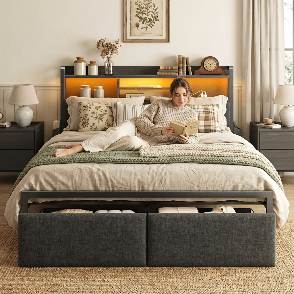 full upholstered platform bed storage drawers usb charging - Temu