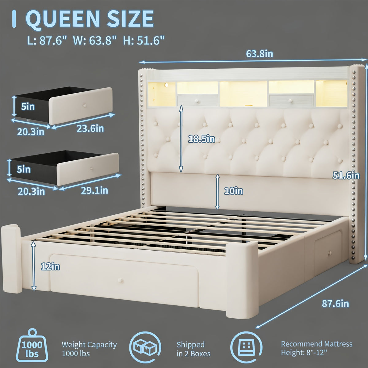 bed frame storage drawers bed frame led lights upholstered - Temu
