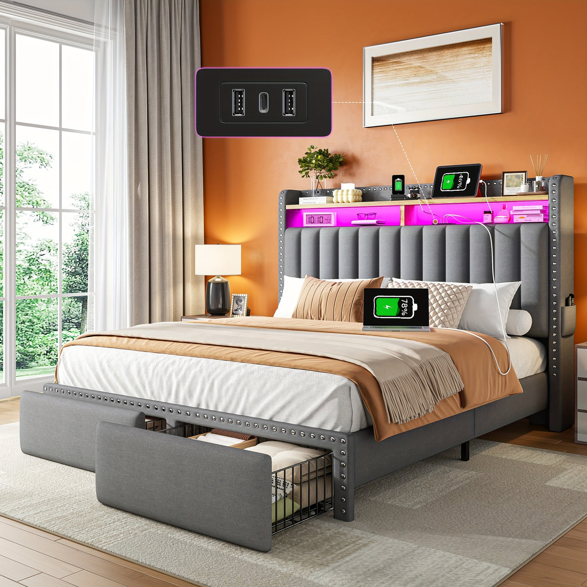 full queen king size bed frame 2 tier storage headboard - Temu
