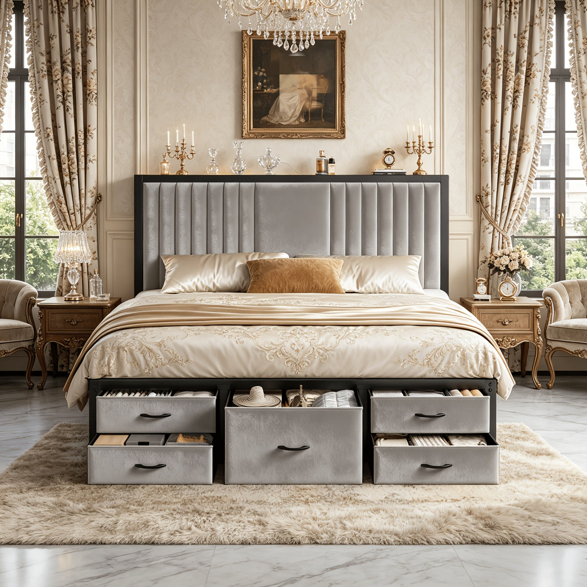 king queen full size velvet bed frame 5 storage drawers - Temu