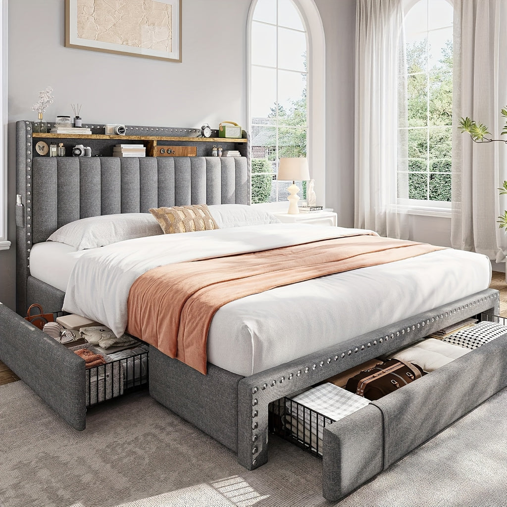 king size upholstered storage bed 3 drawers 2 tier - Temu