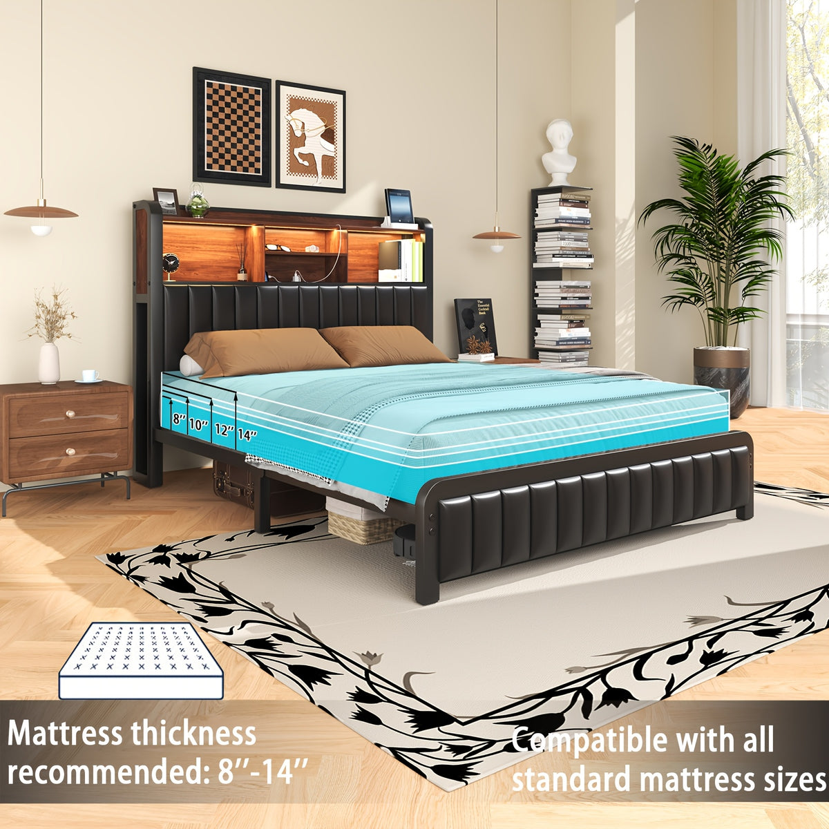 upholstered platform bed frame 3 tier storage headboard - Temu
