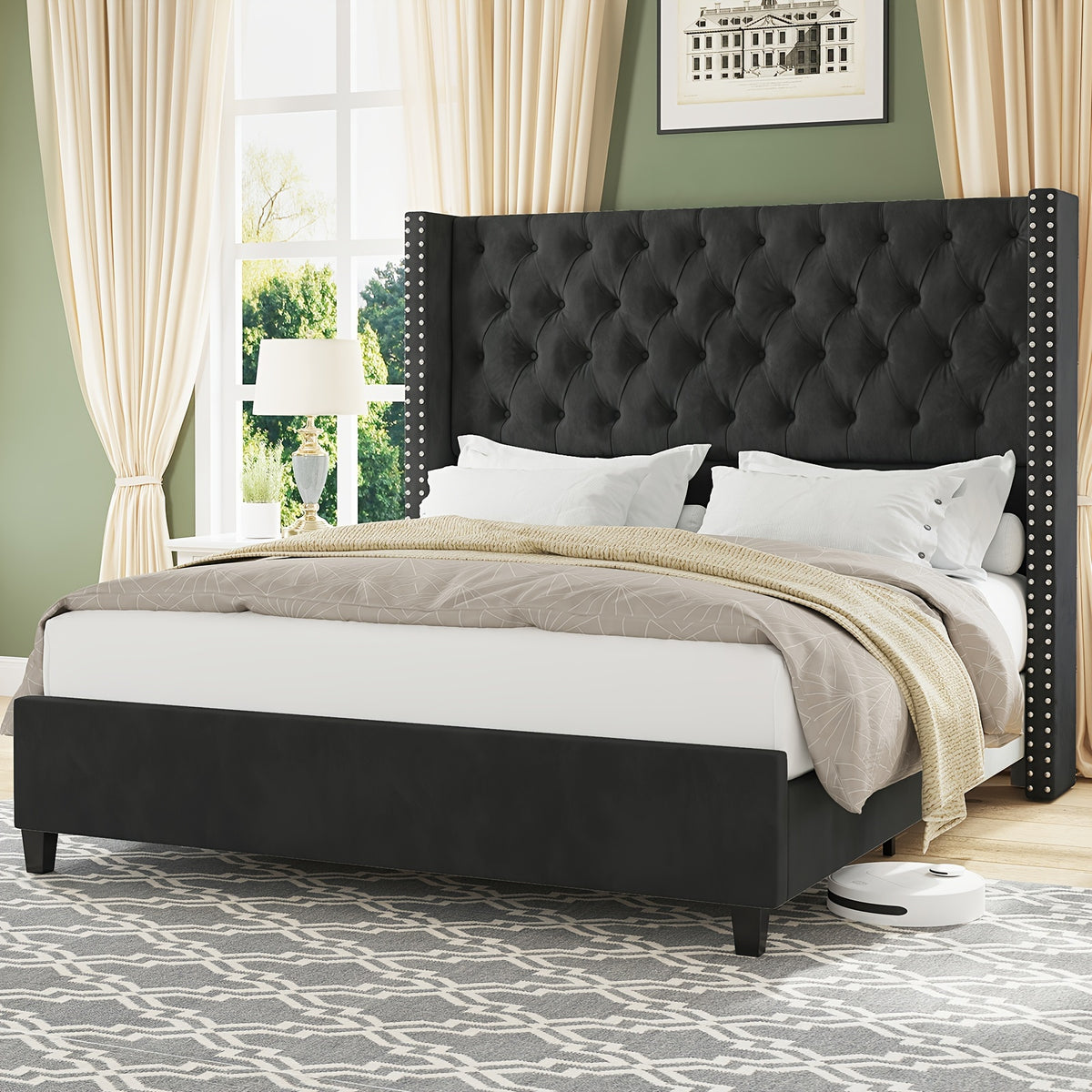 fabric bed   wingback headboard featuring - Temu