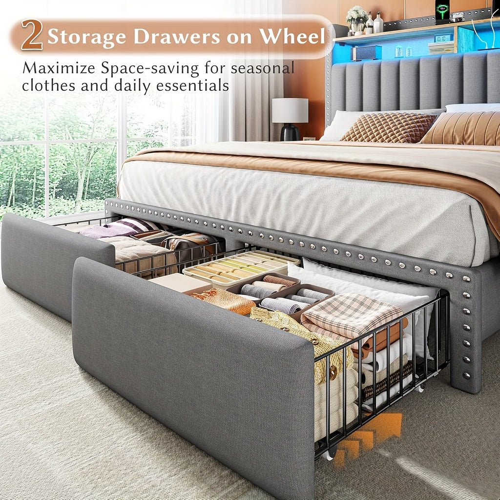 full queen king size bed frame 2 tier storage headboard - Temu