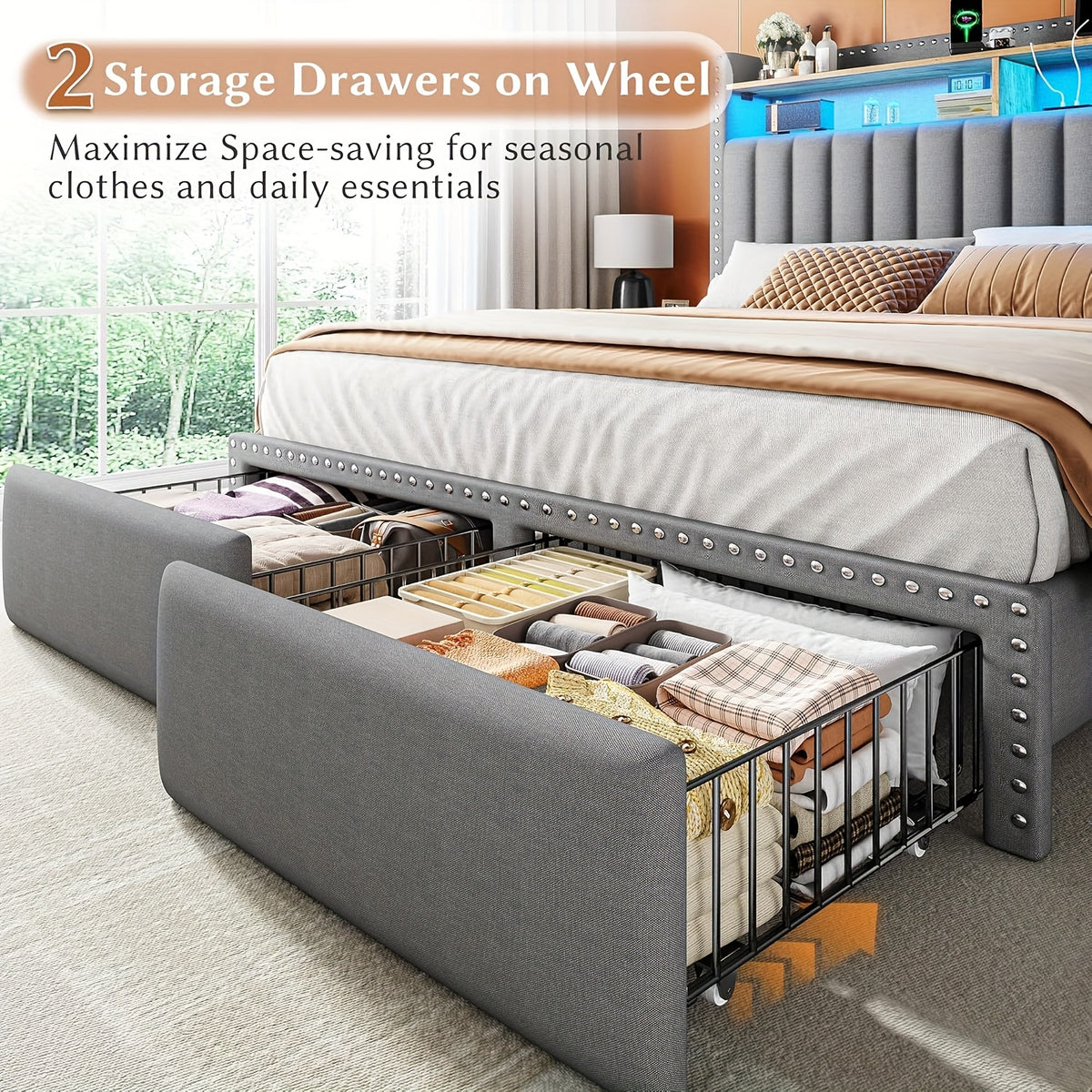 full queen king size bed frame 2 tier storage headboard - Temu