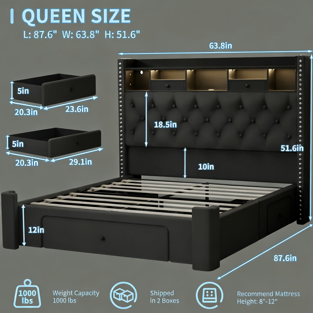 bed frame storage drawers bed frame led lights upholstered - Temu