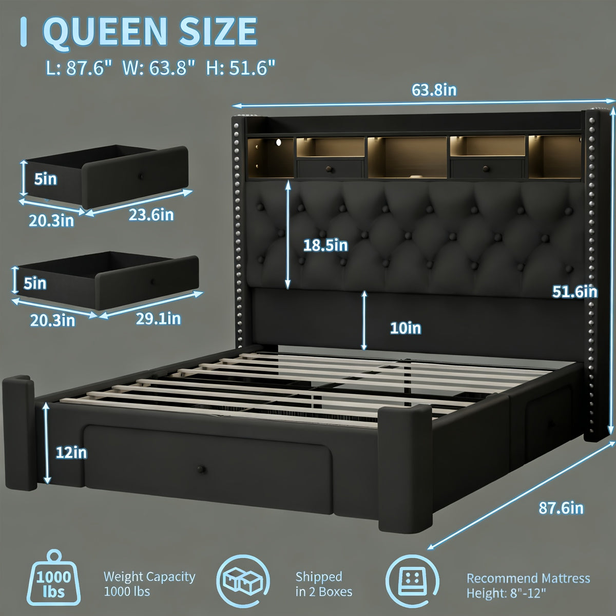 bed frame storage drawers bed frame led lights upholstered - Temu