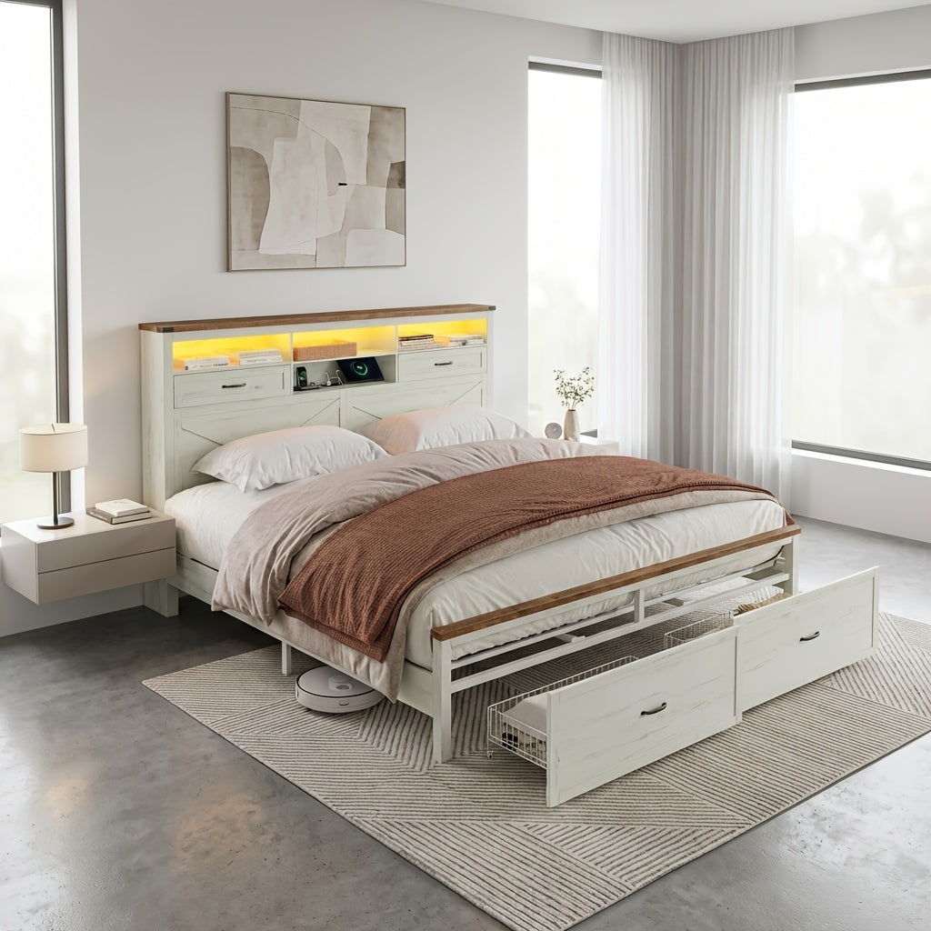king size farmhouse bed frame charging station led lights 51 - Temu
