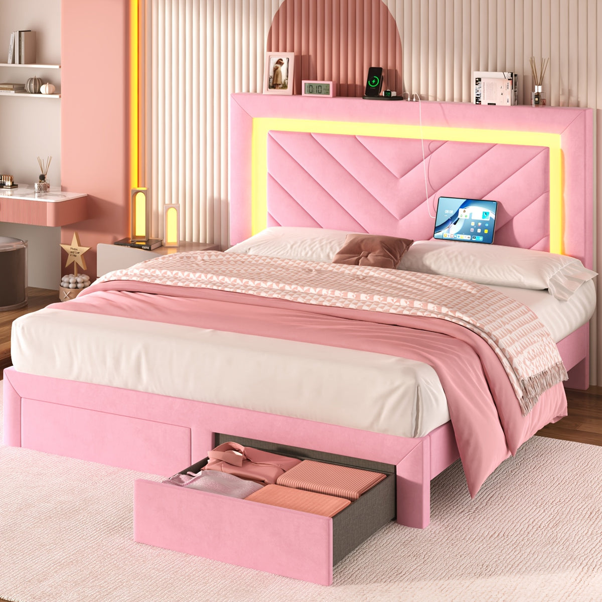 pink bed frame led headboard charging station 2 storage - Temu