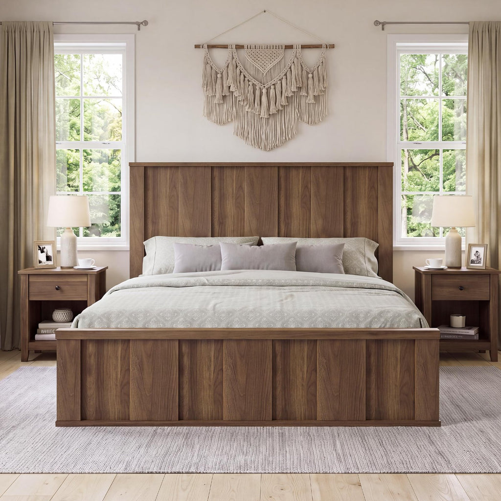 queen size platform bed frame tall wood headboard wood slats - Temu