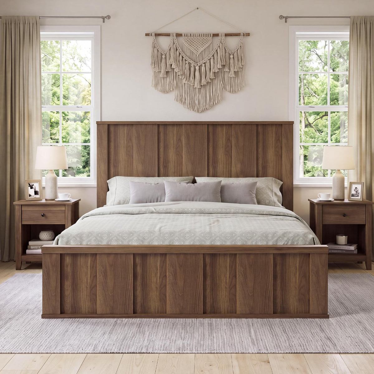 queen size platform bed frame tall wood headboard wood slats - Temu