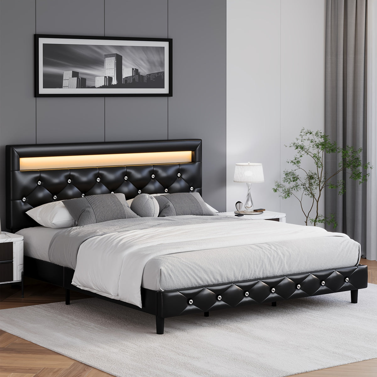 fultru modern bed frame led headboard adjustable tufted   - Temu