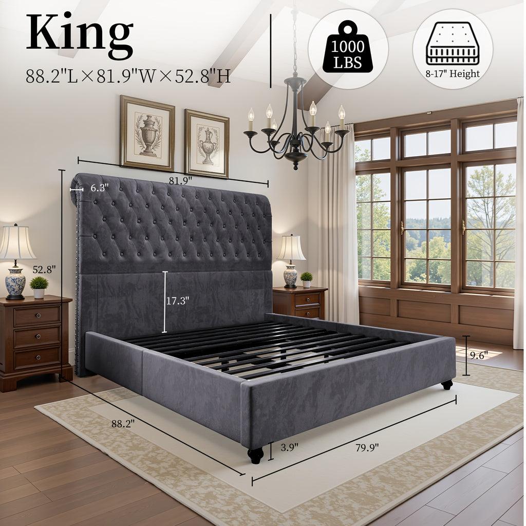 bed frame king queen size velvet tall headboard king - Temu