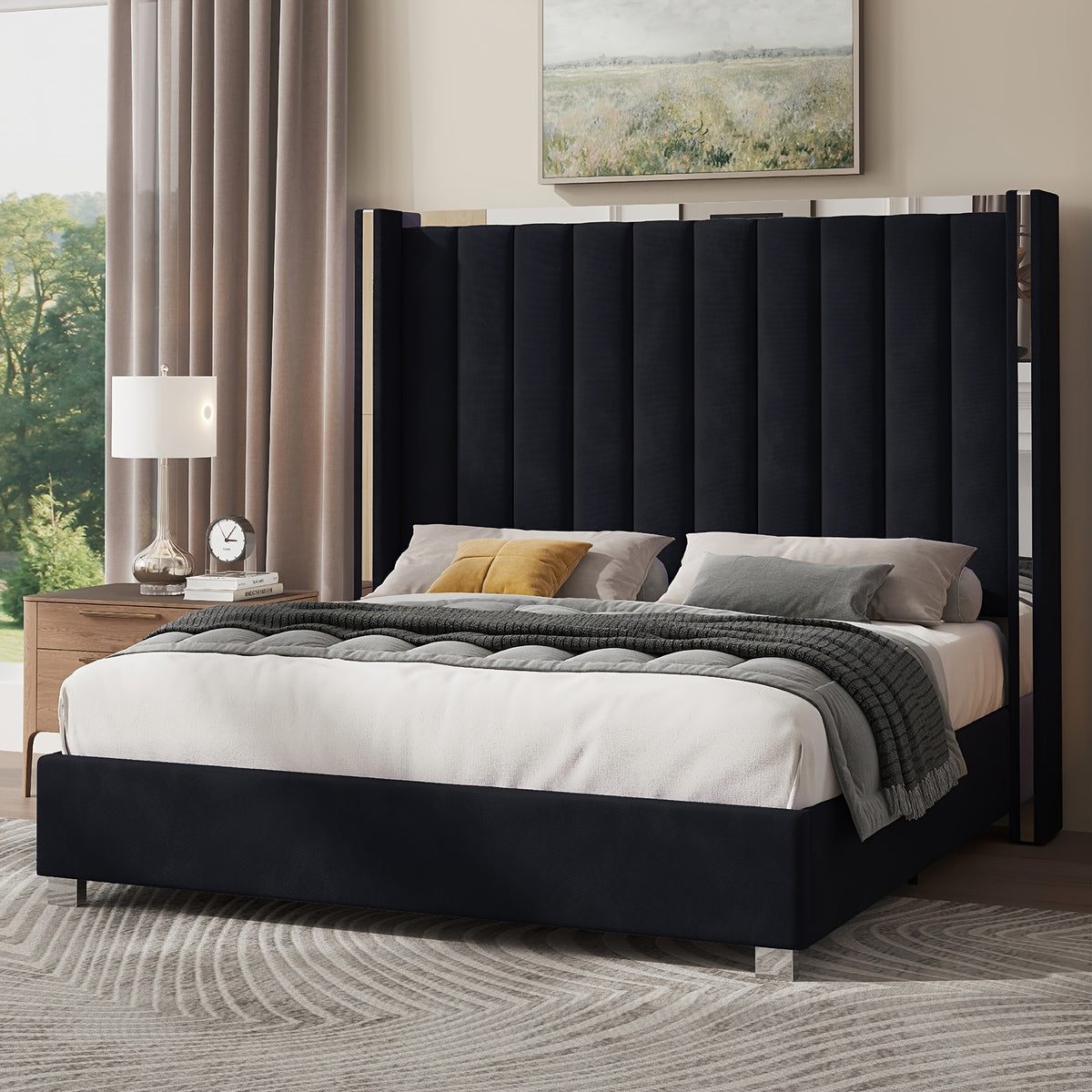 velvet upholstered platform bed 58 tall channel - Temu