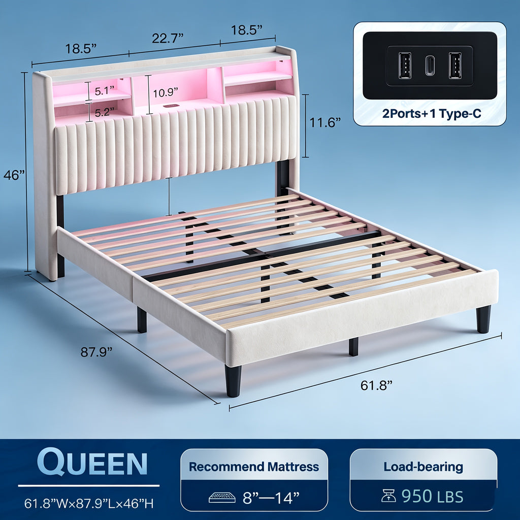 king size storage bed frame 2 tier shelf headboard led - Temu