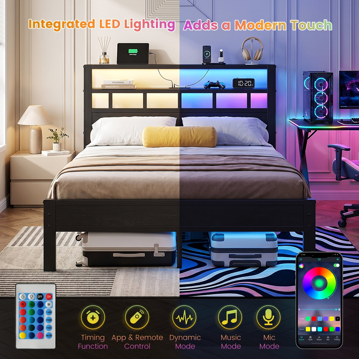 bed frame metal platform bed 2 tier storage led lighting - Temu
