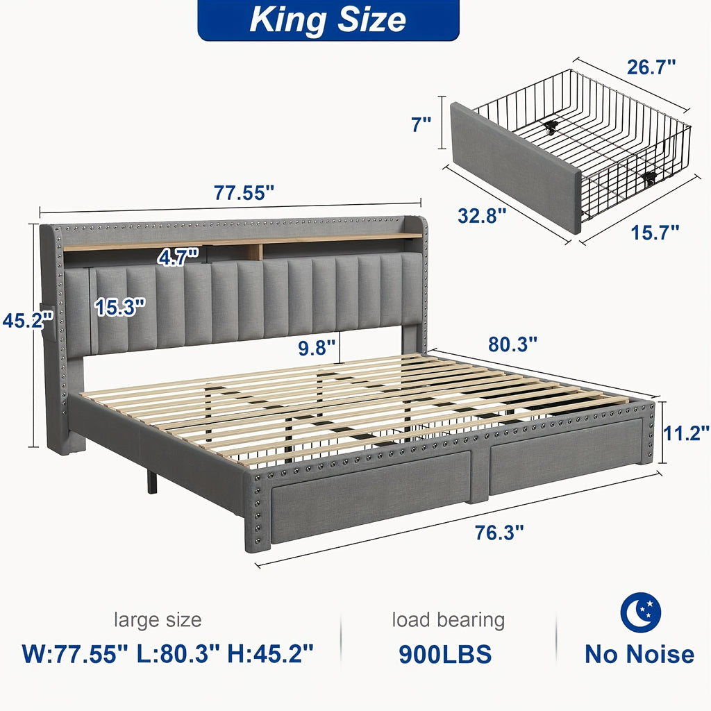 soft upholstered bed frame 2 storage drawers   mattress - Temu
