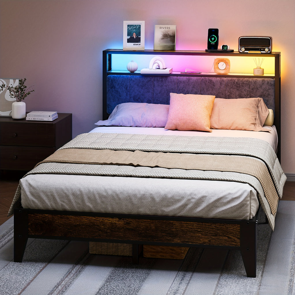 metal bed frame headboard storage shelves led lights type c - Temu