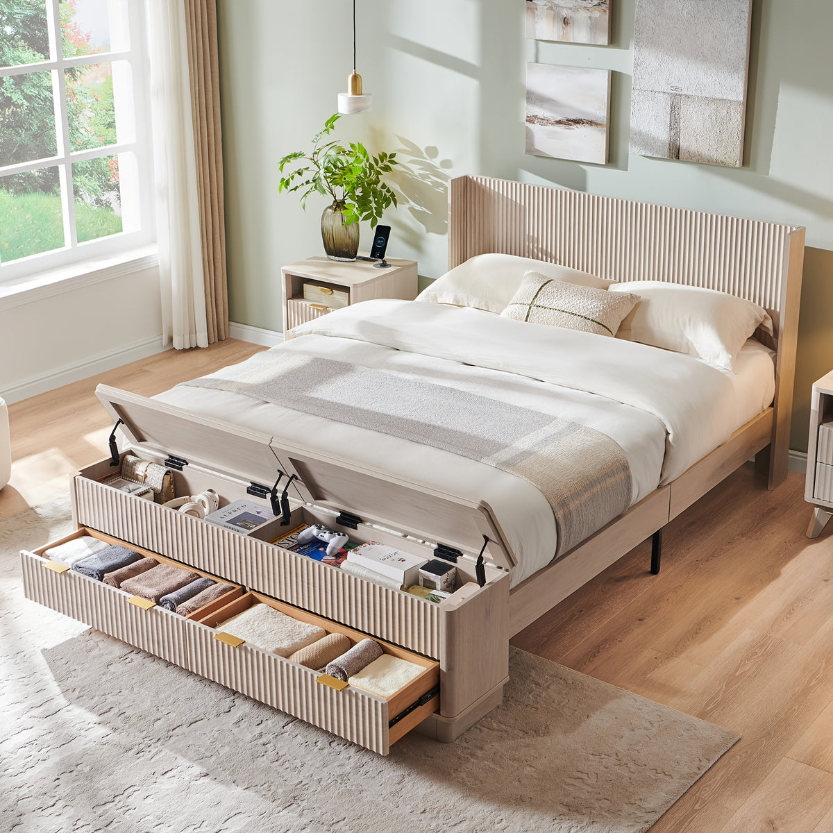 space saving upholstered platform bed in king queen sizes - Temu